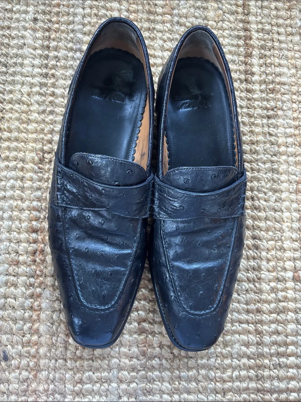 Ermenegildo Zegna Black Men’s Ostrich Leather Penny Loafers